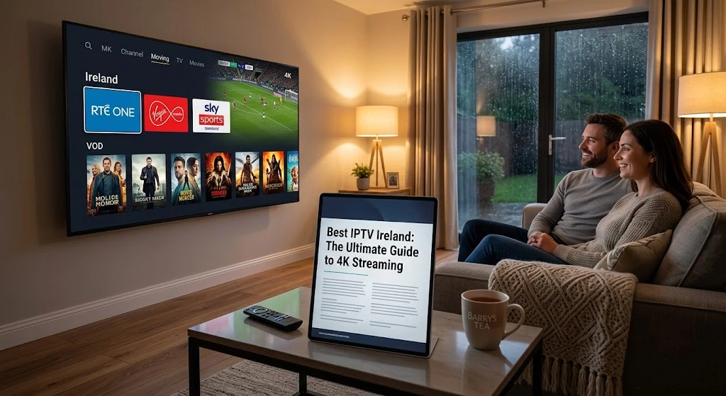 A family enjoying 4K streaming on a large screen TV, depicting the best IPTV Ireland experience in 2026.